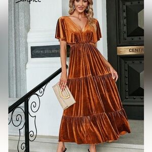 Simplee Velvet Butterfly Sleeve Ruffle Rust Maxi Dress Size M